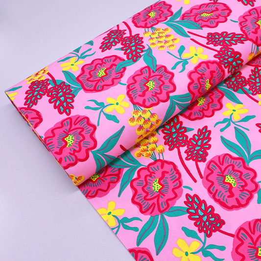 Cotton Poplin - Pink and Green - Flower Bomb