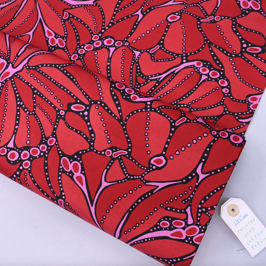 100% Cotton Red Poplin Fabric - Abstract Floral