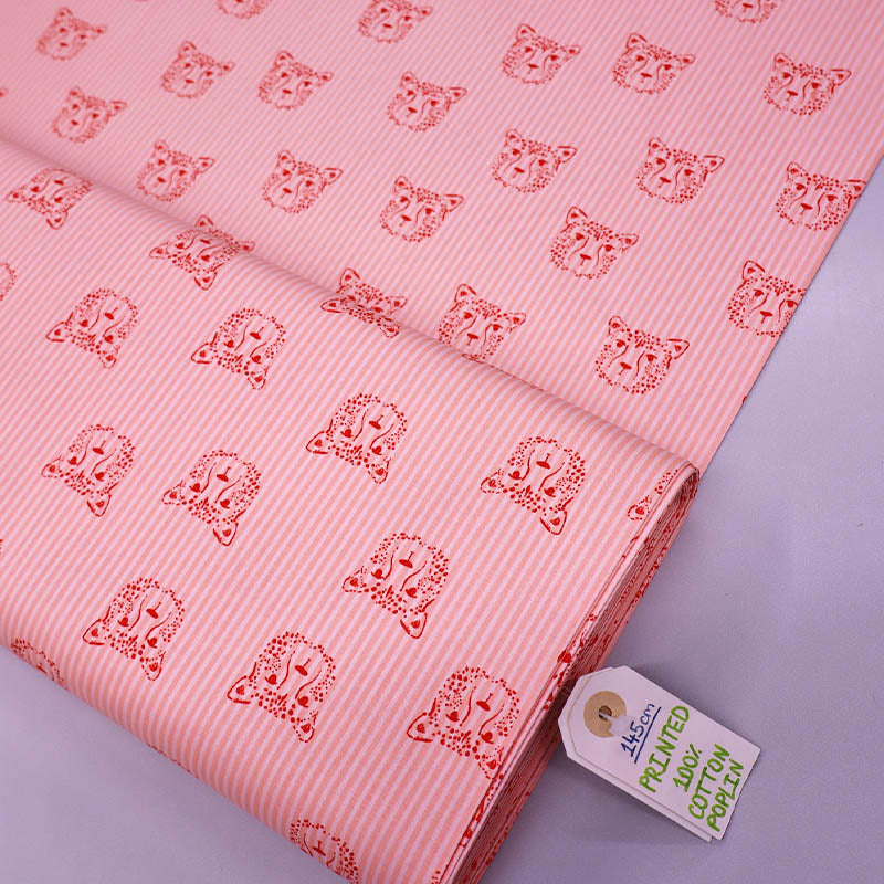 100% Cotton Pink Striped Poplin Fabric - Leopard Face Print