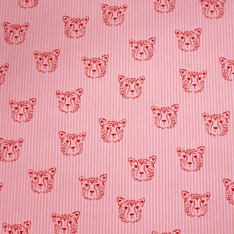 100% Cotton Pink Striped Poplin Fabric - Leopard Face Print