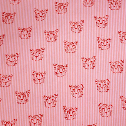 100% Cotton Pink Striped Poplin Fabric - Leopard Face Print