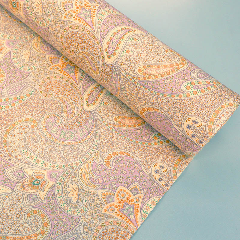 100% Cotton Paisley Fabric - Pale Lilac, Orange and Cream