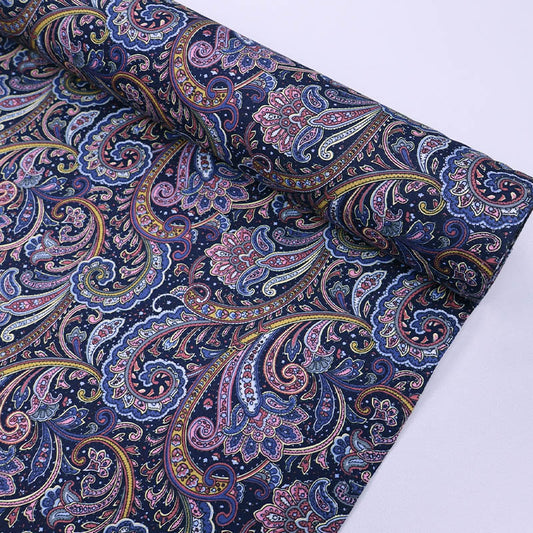 100% Cotton Navy Paisley Poplin Fabric in Pink and Blue