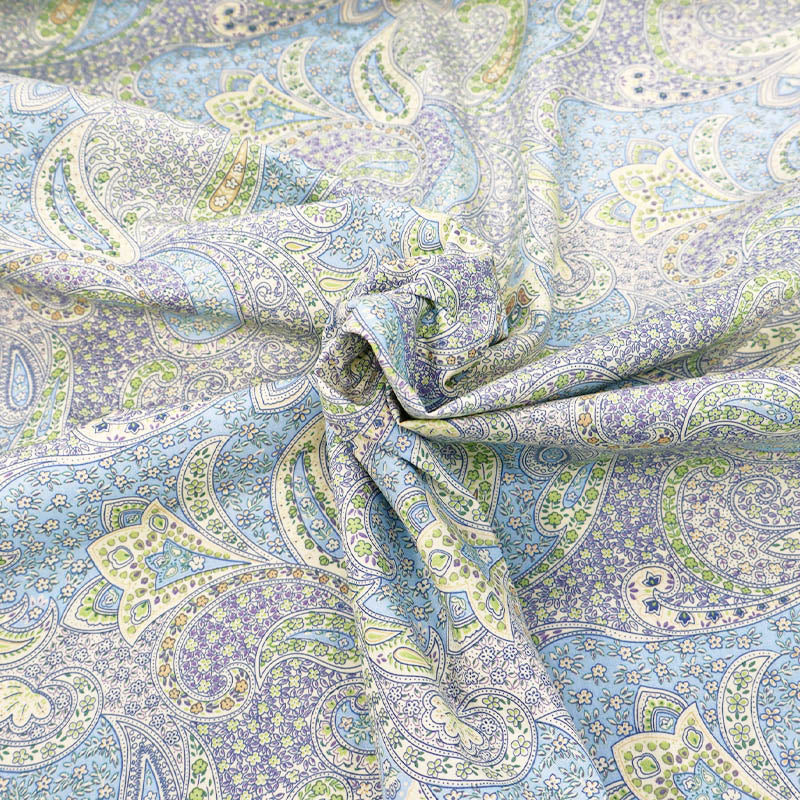 100% Cotton Poplin Paisley Fabric - Pale Blue