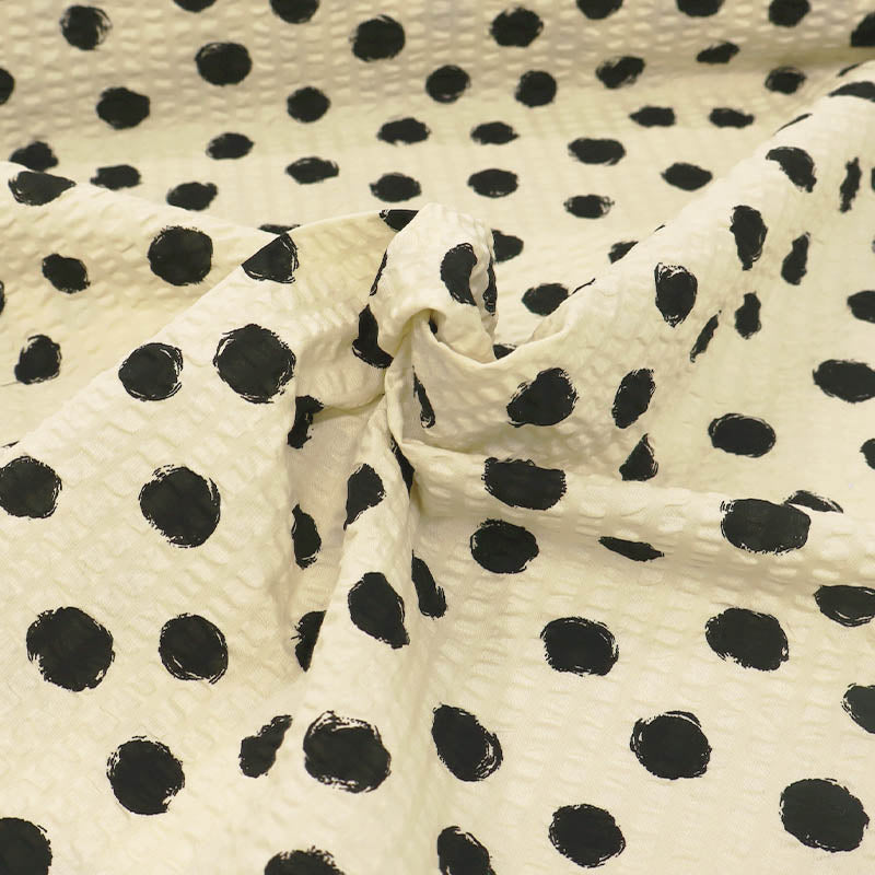 Cotton Seersucker - Black Dots - Cream