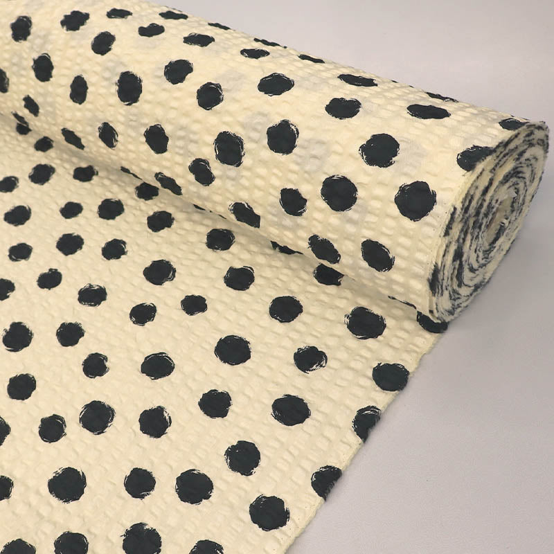Cotton Seersucker - Black Dots - Cream
