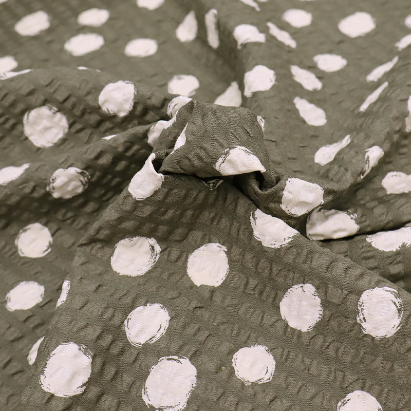 100% Cotton Khaki Green Seersucker Fabric - Cream Spots