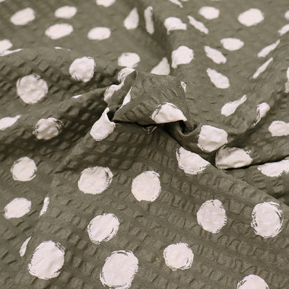 100% Cotton Khaki Green Seersucker Fabric - Cream Spots