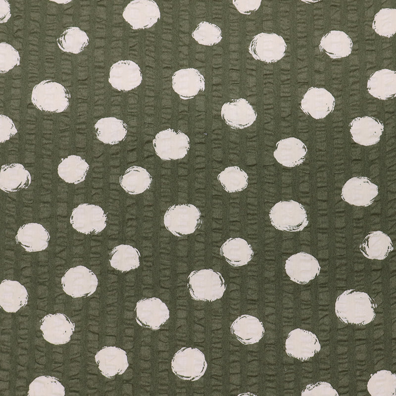 100% Cotton Khaki Green Seersucker Fabric - Cream Spots