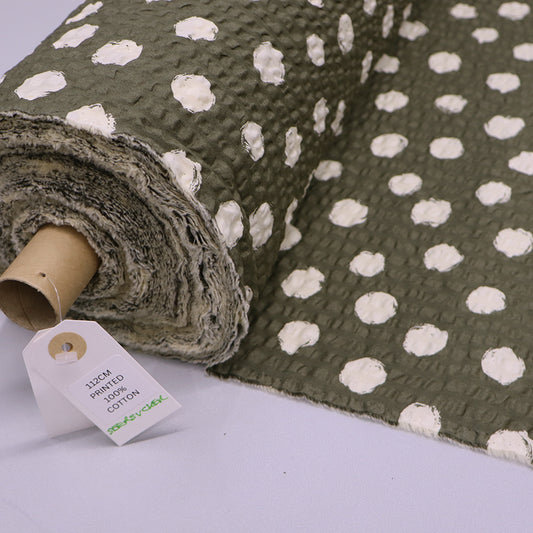 100% Cotton Khaki Green Seersucker Fabric - Cream Spots