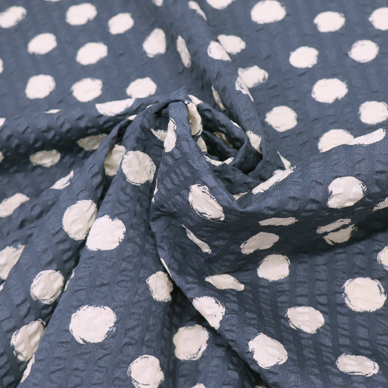 100% Cotton Blue Seersucker Fabric - Cream Spots