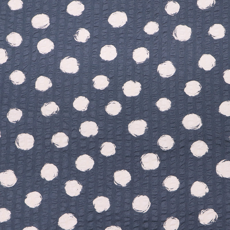 100% Cotton Blue Seersucker Fabric - Cream Spots