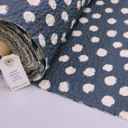 100% Cotton Blue Seersucker Fabric - Cream Spots