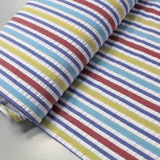 100% cotton  Striped Seersucker Fabric - Blue, Red and Yellow