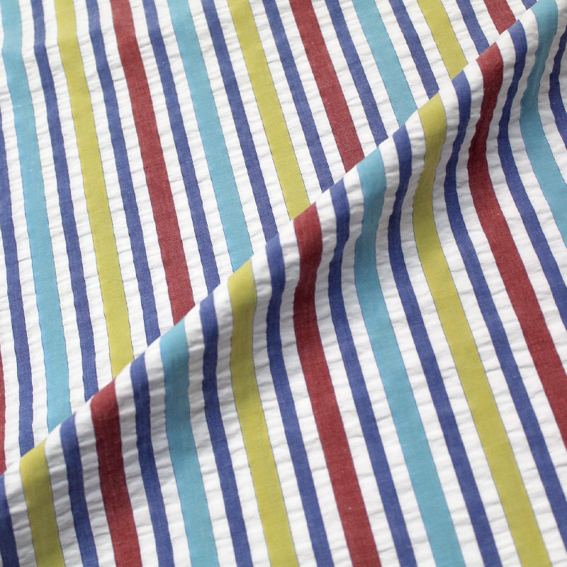 100% cotton  Striped Seersucker Fabric - Blue, Red and Yellow
