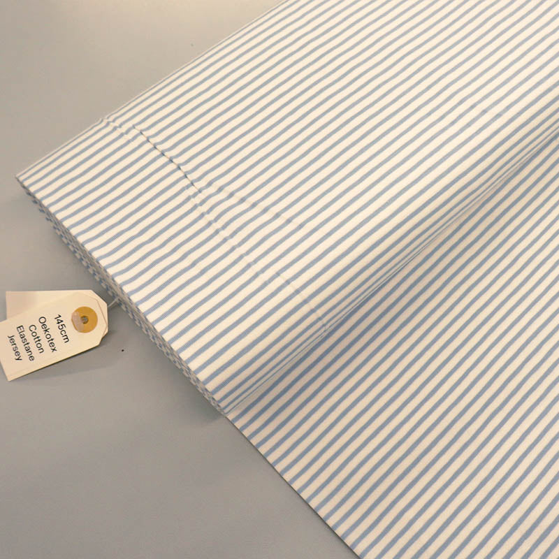 92%Cotton 8% Elastane Striped Jersey Fabric - Pale Blue and White Mini Breton