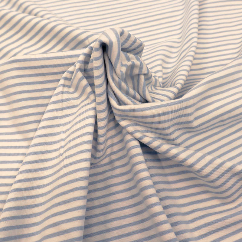 92%Cotton 8% Elastane Striped Jersey Fabric - Pale Blue and White Mini Breton