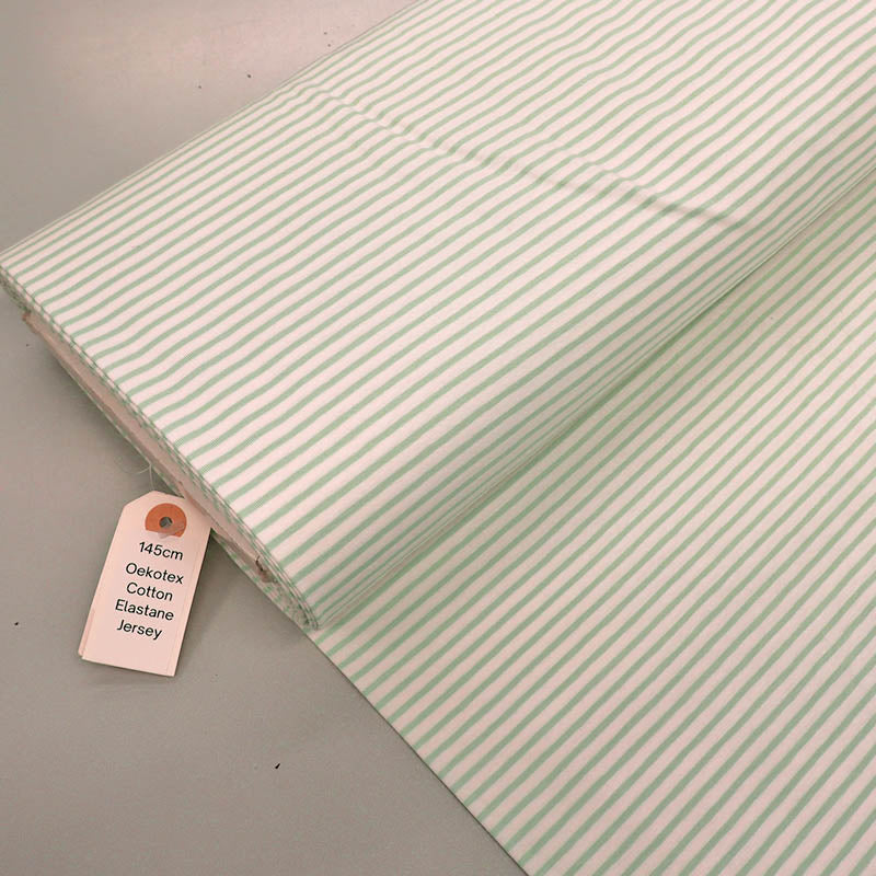 92% Cotton 8% Elastane Striped Jersey Fabric - Pale Green and White Mini Breton