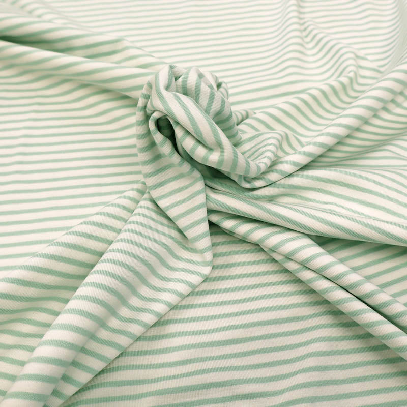 92% Cotton 8% Elastane Striped Jersey Fabric - Pale Green and White Mini Breton
