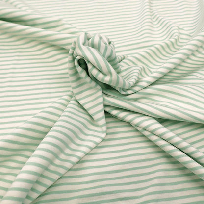 92% Cotton 8% Elastane Striped Jersey Fabric - Pale Green and White Mini Breton