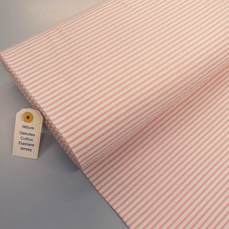 92% Cotton 8% Elastane Narrow Striped Jersey Fabric Pale Pink and White