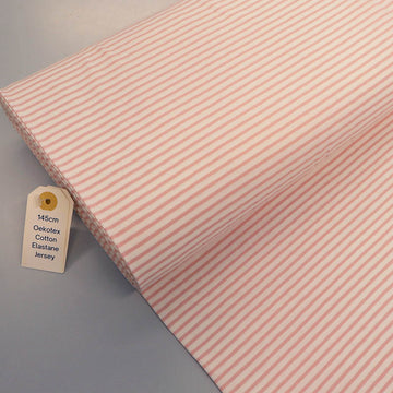 92% Cotton 8% Elastane Narrow Striped Jersey Fabric Pale Pink and White