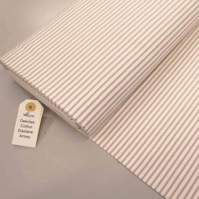 92% Cotton 8% Elastane Striped Jersey Fabric - Beige and White Mini Breton