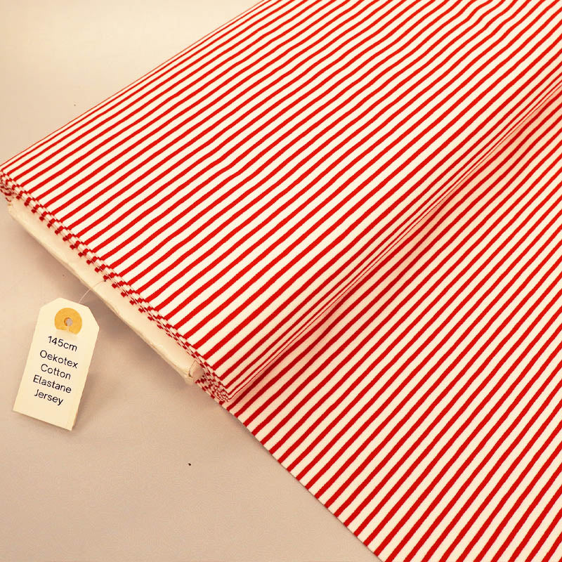 92% Cotton 8% Elastane Striped Jersey Fabric - Red and White Mini Breton