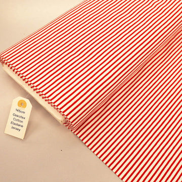 92% Cotton 8% Elastane Striped Jersey Fabric - Red and White Mini Breton