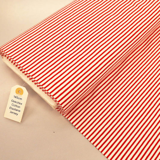 92% Cotton 8% Elastane Striped Jersey Fabric - Red and White Mini Breton
