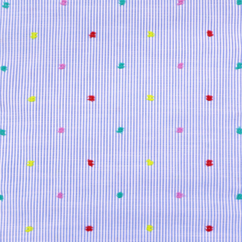 98% Cotton 2% Polyester Swiss Dot Fabric - Multi Coloured Spots and Blue Stripe