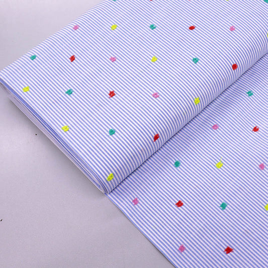 Cotton Swiss Knot - Multi Coloured Tufted Dobby Spot - Blue Stripe