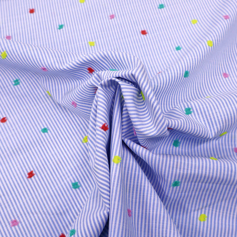 98% Cotton 2% Polyester Swiss Dot Fabric - Multi Coloured Spots and Blue Stripe