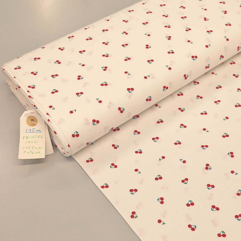 100% Cotton White Poplin Fabric - Cherry Print