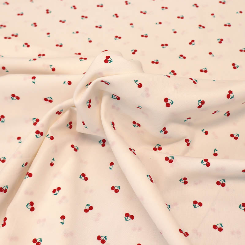 100% Cotton White Poplin Fabric - Cherry Print