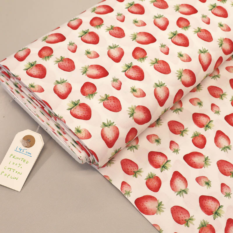 100% Cotton White Poplin Fabric - Large Strawberry Print