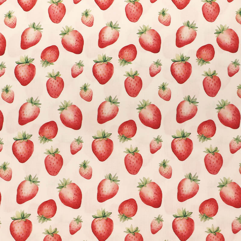 100% Cotton White Poplin Fabric - Large Strawberry Print