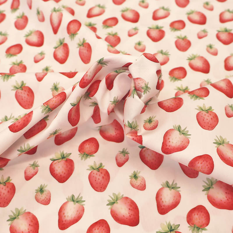 100% Cotton White Poplin Fabric - Large Strawberry Print