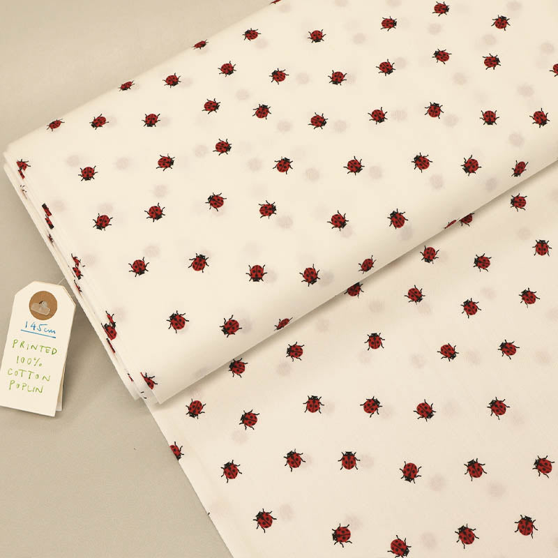 100% Cotton Poplin Fabric White  with small Ladybird Print 