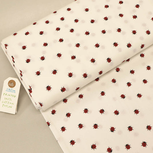 Cotton Wide Width Poplin - Natural White - Lady Bugs