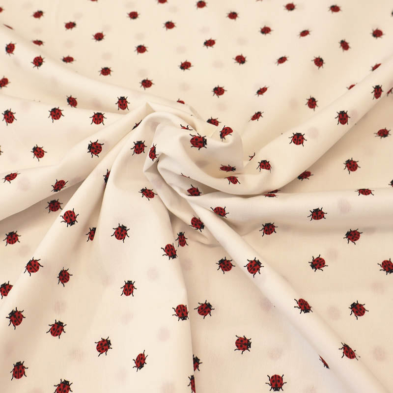 100% Cotton Poplin Fabric White  with small Ladybird Print 