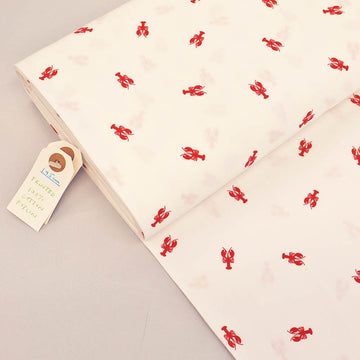 100% Cotton White Lobster Print Poplin Fabric - white with tiny orange lobsters
