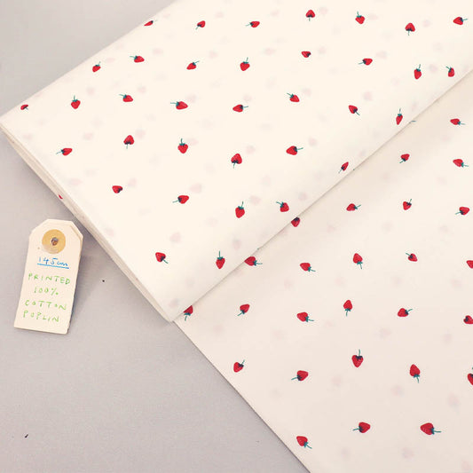 100% Cotton White with tiny red Strawberries Print Poplin Fabric 