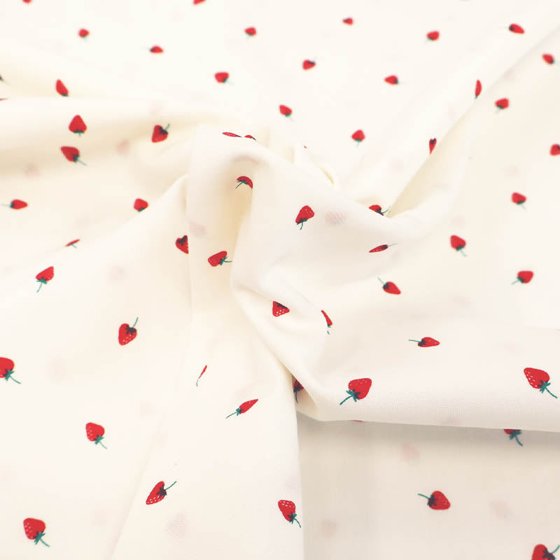 100% Cotton White with tiny red Strawberries Print Poplin Fabric 