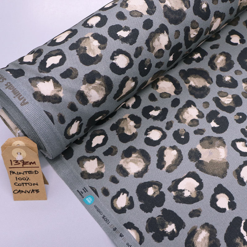 100% Cotton Grey Cotton Canvas Leopard Print Fabric