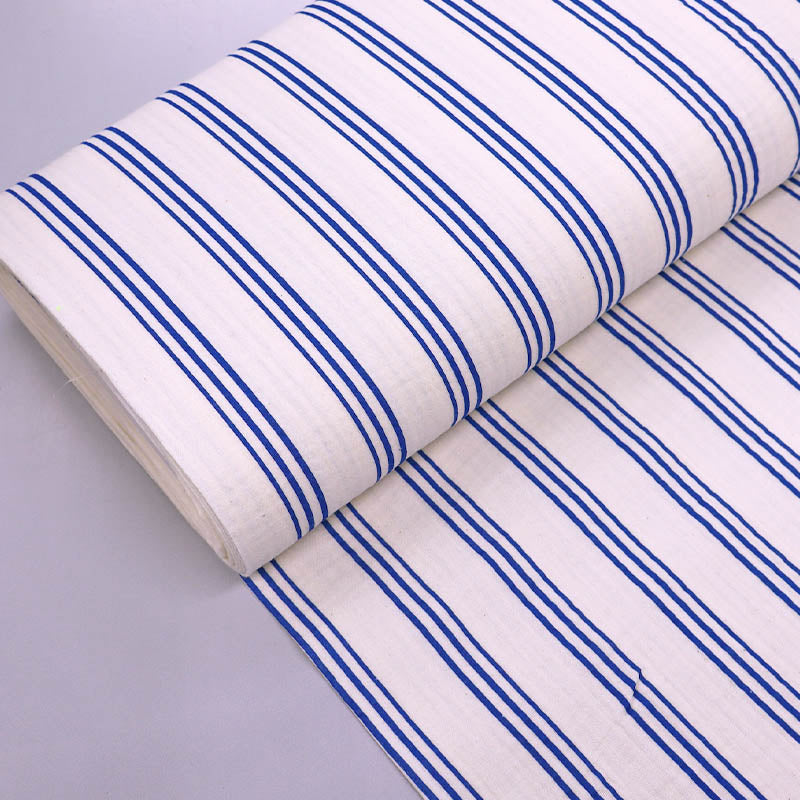 100% Cotton White Organic Double Gauze Fabric - Triple Blue Stripe