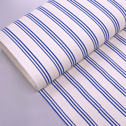 100% Cotton White Organic Double Gauze Fabric - Triple Blue Stripe