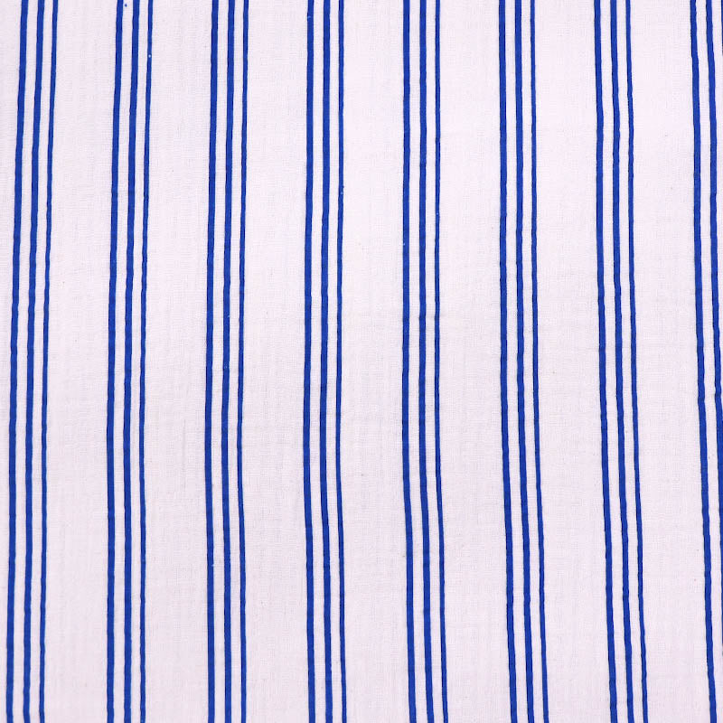 100% Cotton White Organic Double Gauze Fabric - Triple Blue Stripe