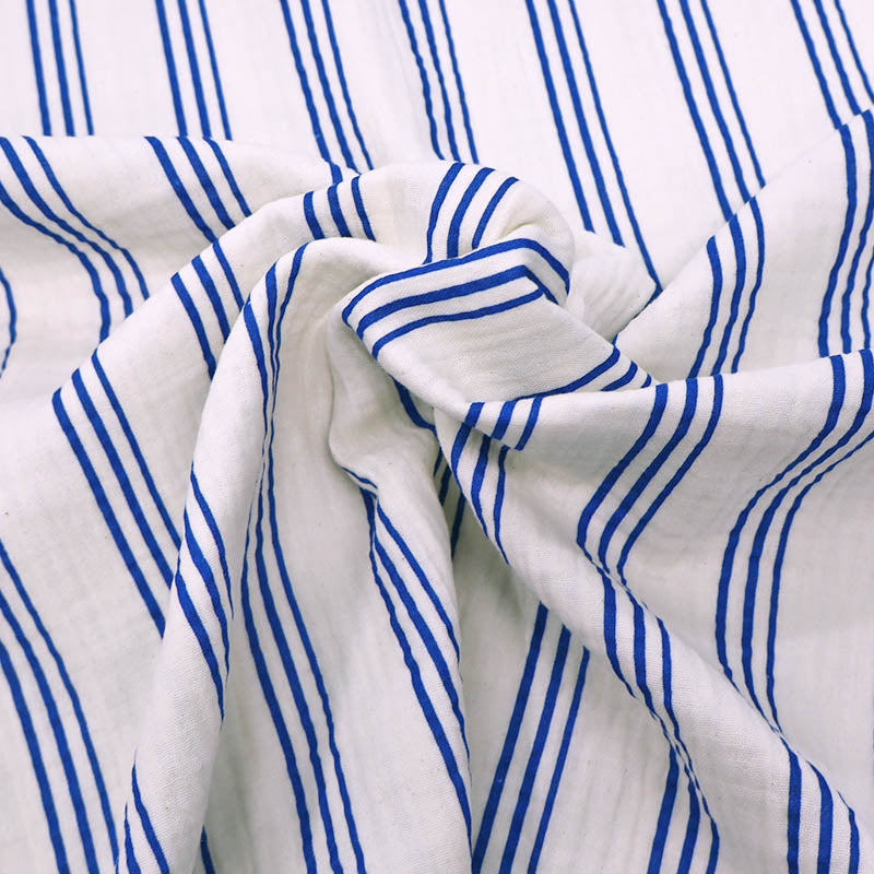 100% Cotton White Organic Double Gauze Fabric - Triple Blue Stripe