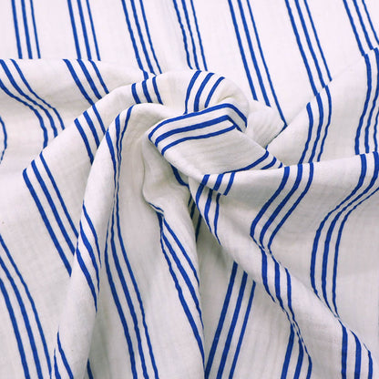 100% Cotton White Organic Double Gauze Fabric - Triple Blue Stripe